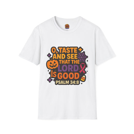 Halloween Faith T-Shirt, Unisex Bible Quote Tee, Religious Apparel, Spiritual Gift, Pumpkin Theme, Psalm 34:8