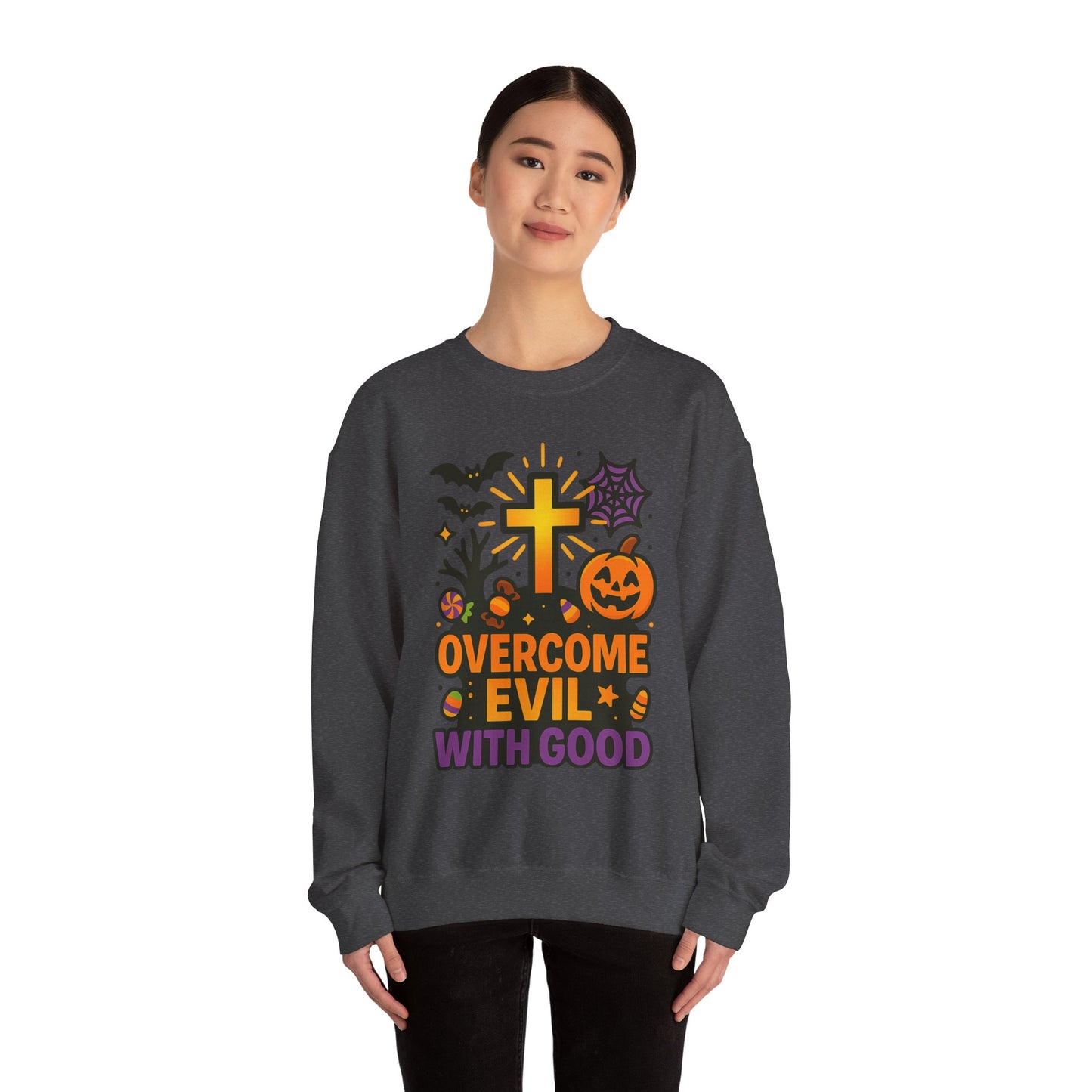Halloween Unisex Crewneck Sweatshirt, Cozy Fall Apparel, Pumpkin & Cross Design, Perfect for Autumn, Gifts for Him & Her