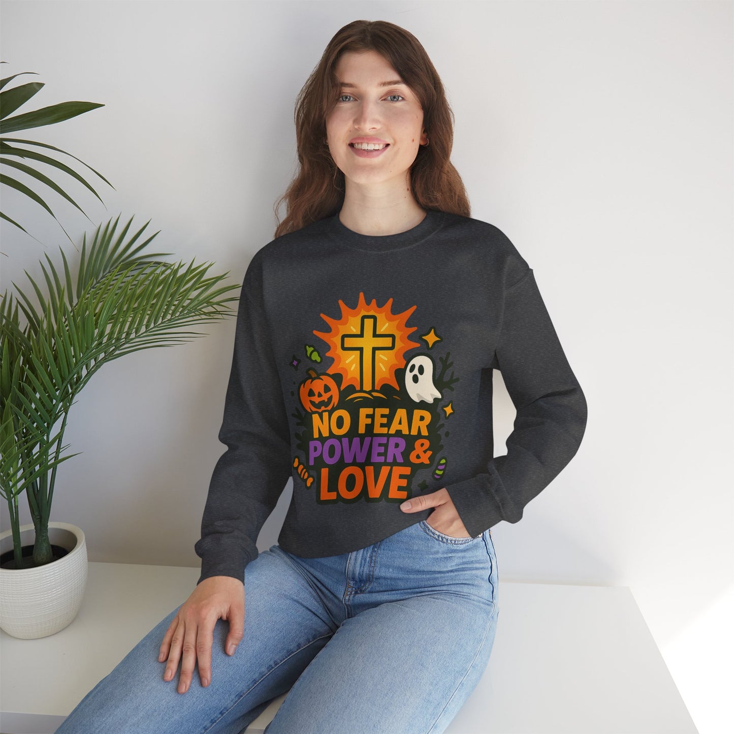 Halloween Inspirational Crewneck Sweatshirt, Unisex Sweatshirt, Fall Fashion, Cozy Gift, Spooky Season Apparel, Faith and Love Sweatshirt