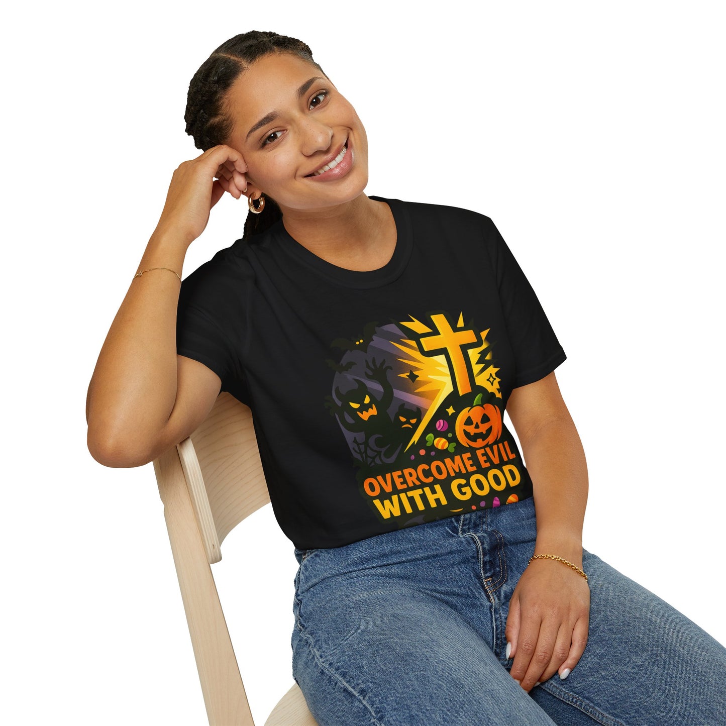 Halloween Theme Unisex Softstyle T-Shirt, Overcome Evil with Good Tee, Halloween Costume Top, Spooky Fall Apparel, Gift for All