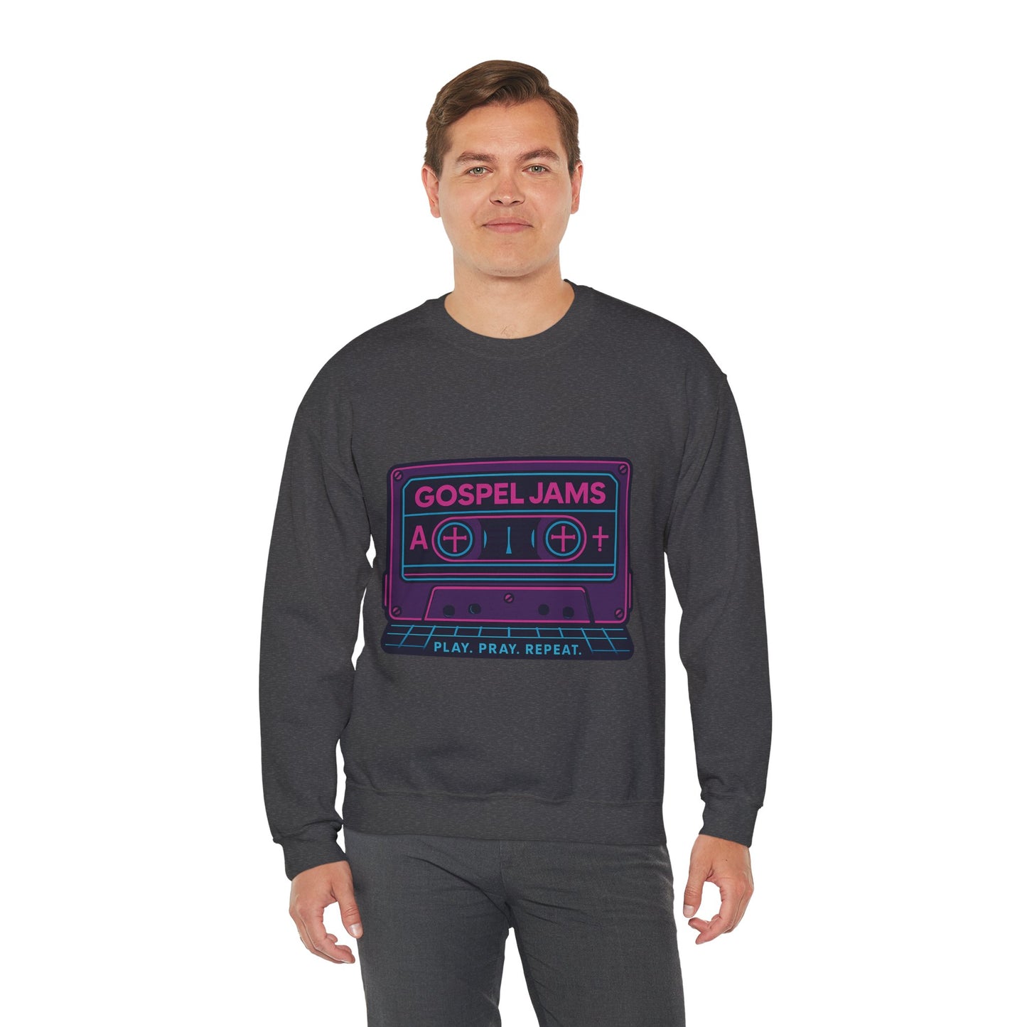 Retro Gospel Jams Crewneck Sweatshirt, Cozy Music Sweatshirt, Gift for Music Lovers, Play Pray Repeat Apparel, Unisex Casual Wear