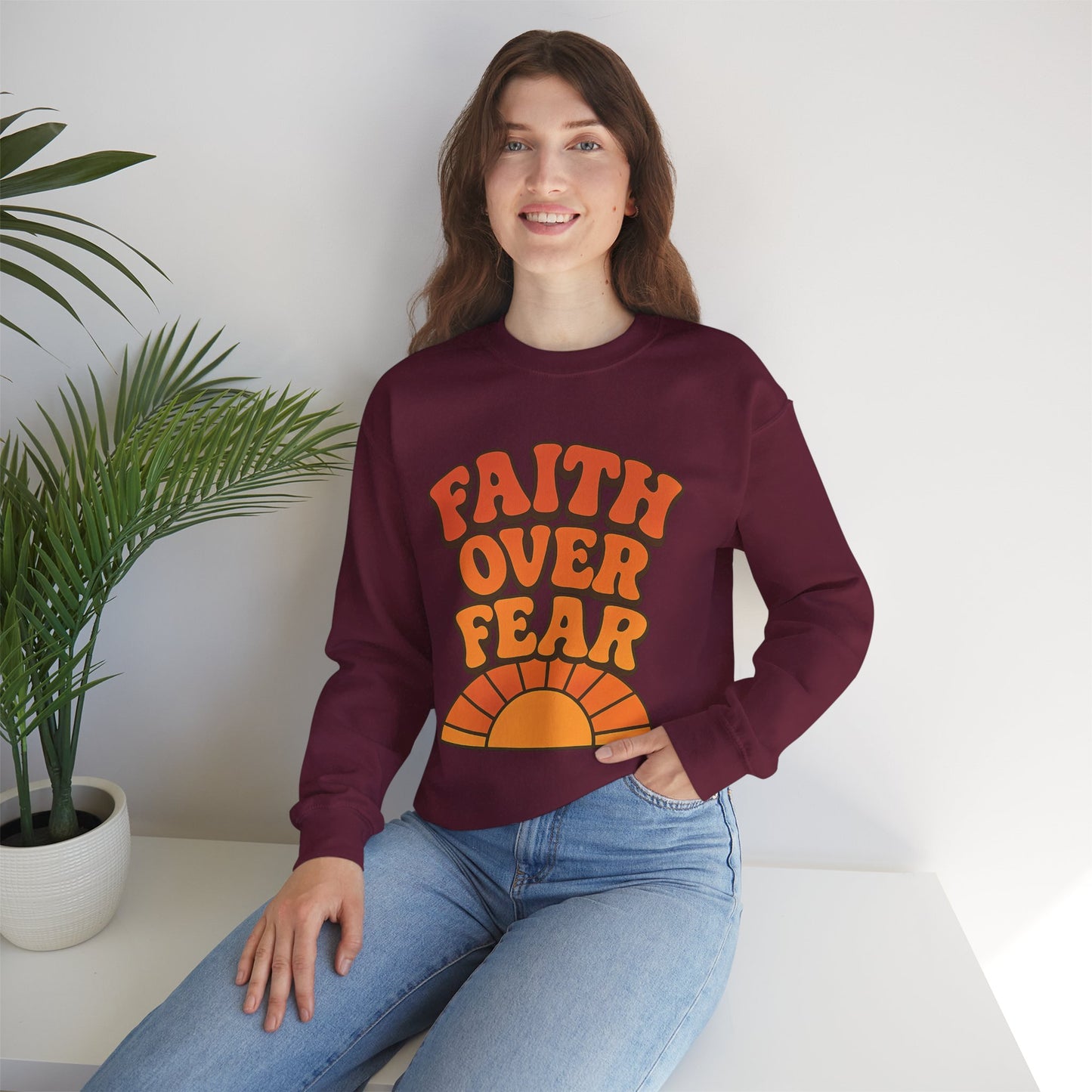 Faith Over Fear Crewneck Sweatshirt, Motivational Apparel, Cozy Unisex Sweater, Gift for Her, Inspirational Clothing, Everyday Wear