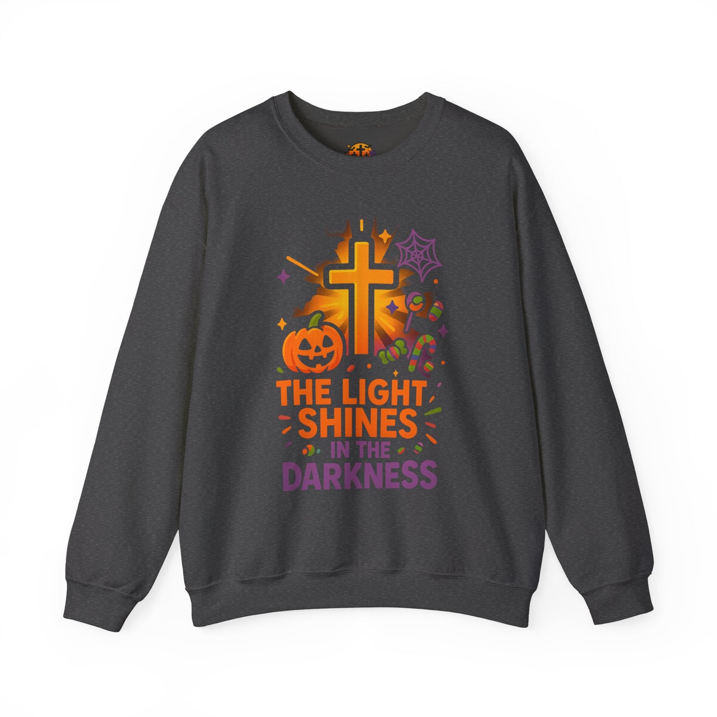 Faith-Inspired Halloween Sweatshirt, Unisex Crewneck, Cozy Fall Fashion, Christian Gift, Halloween Celebration, Light in Darkness