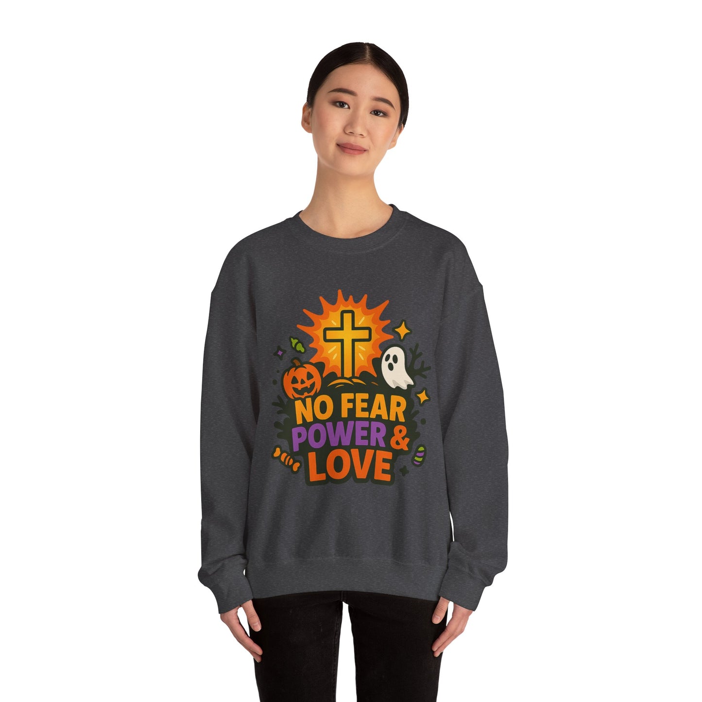 Halloween Inspirational Crewneck Sweatshirt, Unisex Sweatshirt, Fall Fashion, Cozy Gift, Spooky Season Apparel, Faith and Love Sweatshirt