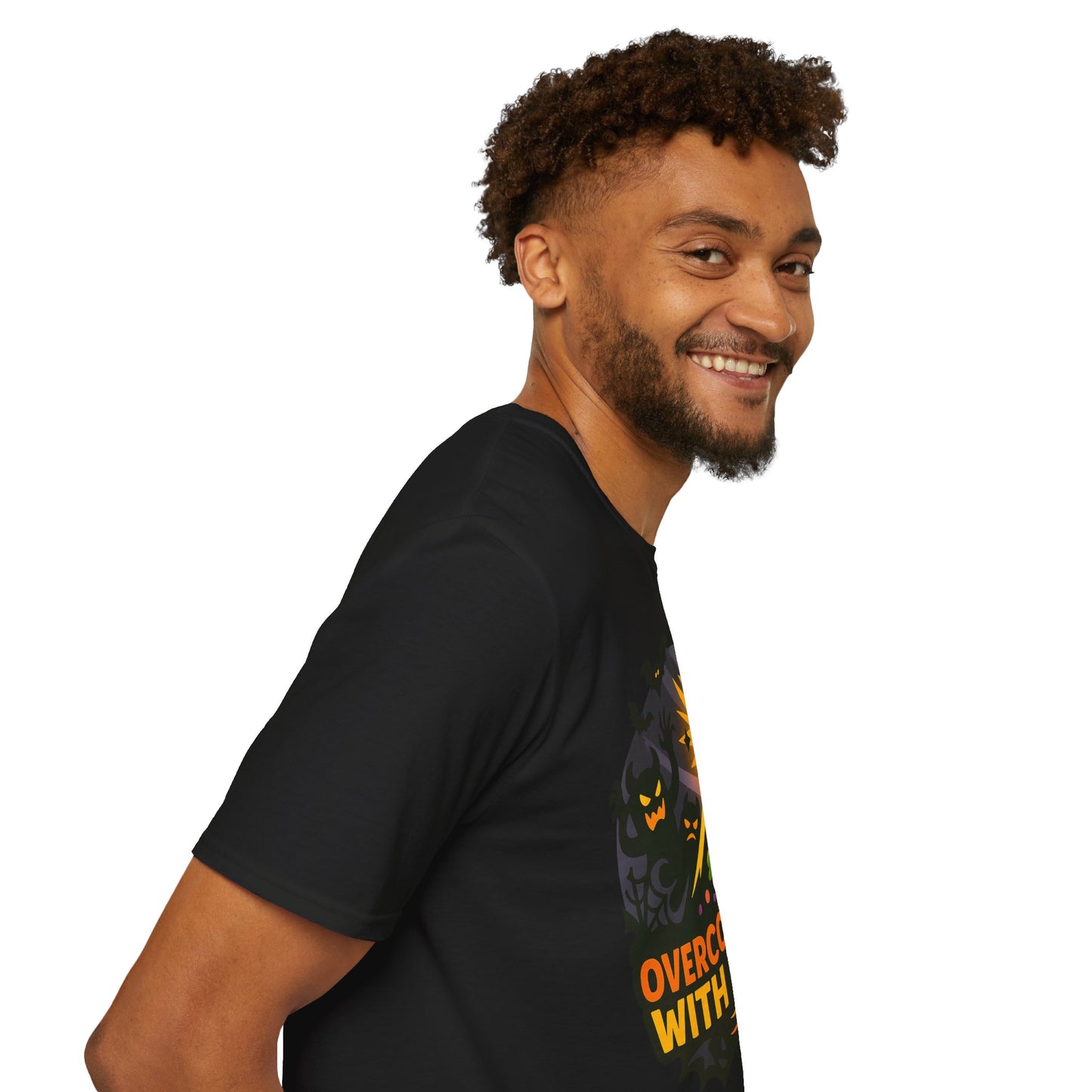 Halloween Theme Unisex Softstyle T-Shirt, Overcome Evil with Good Tee, Halloween Costume Top, Spooky Fall Apparel, Gift for All