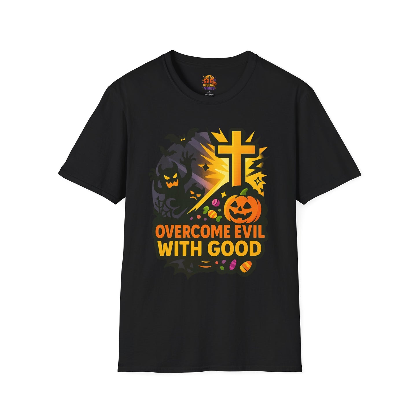 Halloween Theme Unisex Softstyle T-Shirt, Overcome Evil with Good Tee, Halloween Costume Top, Spooky Fall Apparel, Gift for All