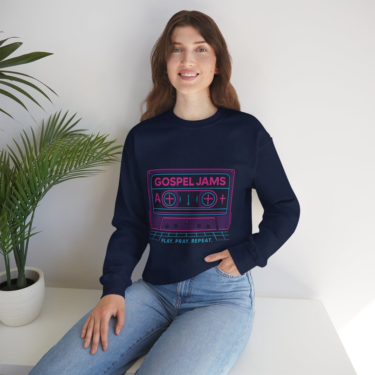 Retro Gospel Jams Crewneck Sweatshirt, Cozy Music Sweatshirt, Gift for Music Lovers, Play Pray Repeat Apparel, Unisex Casual Wear