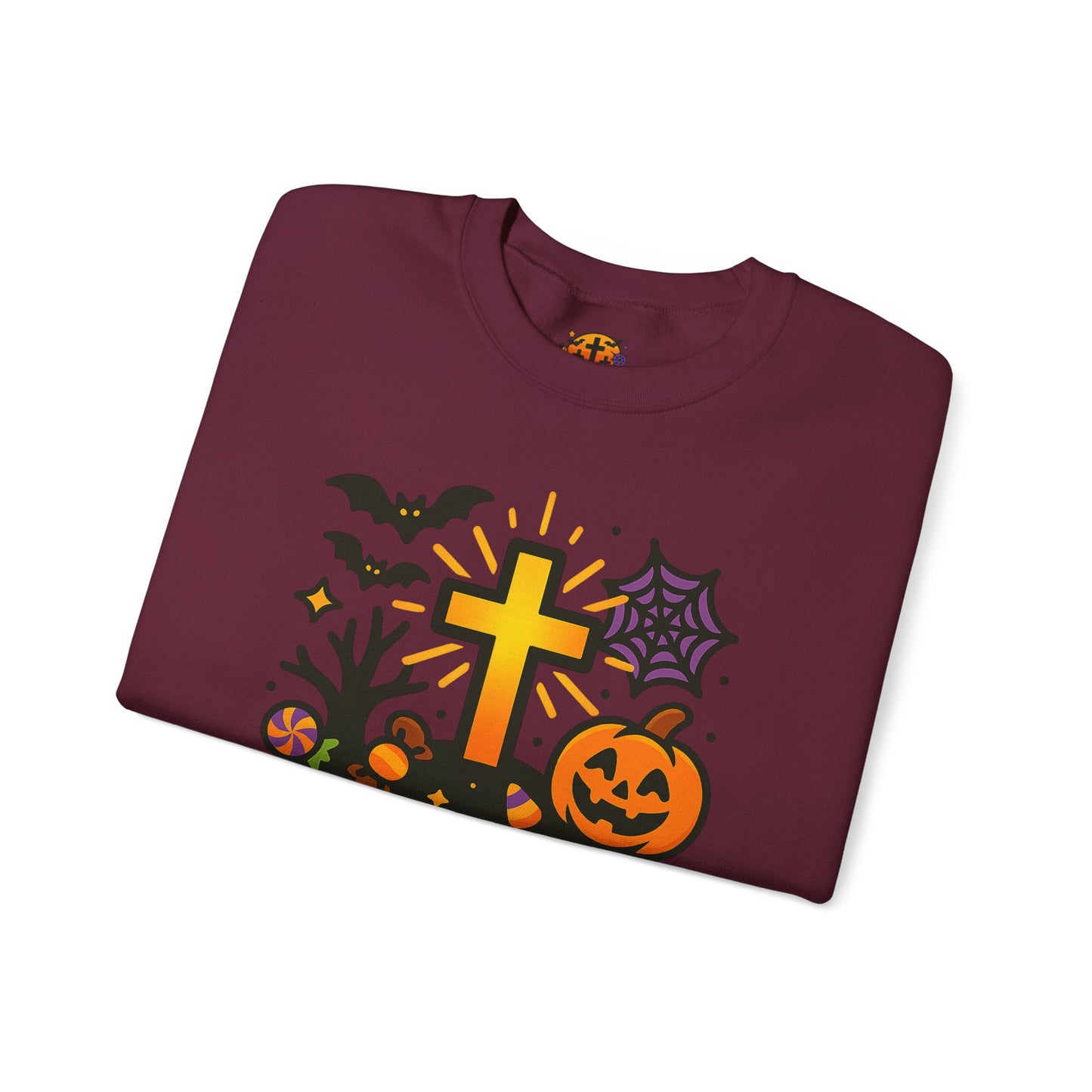 Halloween Unisex Crewneck Sweatshirt, Cozy Fall Apparel, Pumpkin & Cross Design, Perfect for Autumn, Gifts for Him & Her