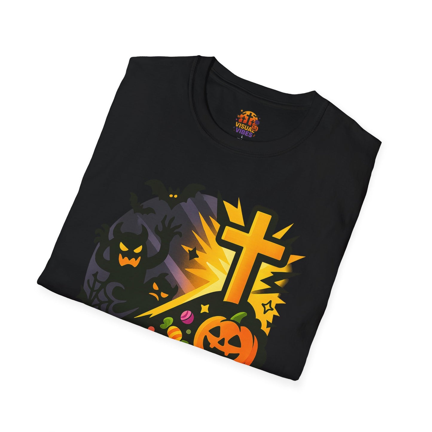 Halloween Theme Unisex Softstyle T-Shirt, Overcome Evil with Good Tee, Halloween Costume Top, Spooky Fall Apparel, Gift for All