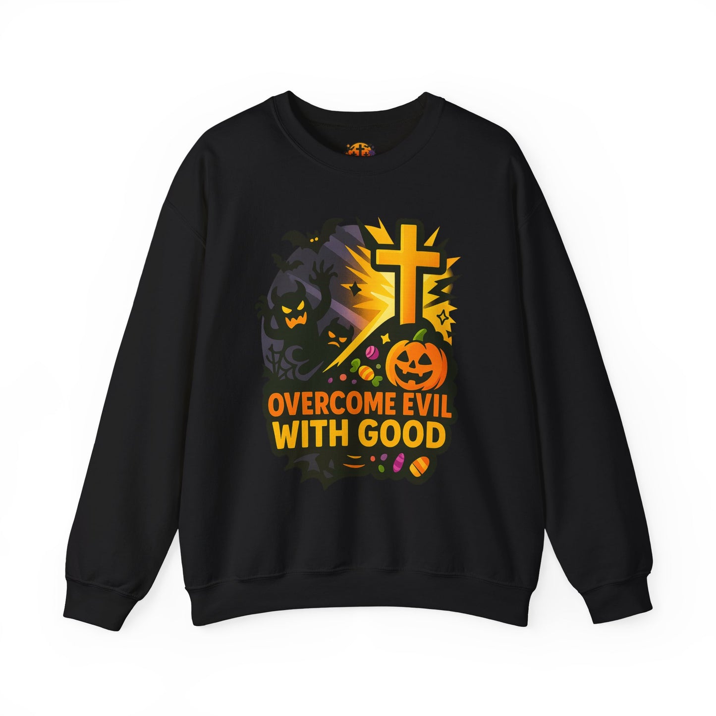 Halloween-Themed Crewneck Sweatshirt, Unisex Spooky Sweatshirt, Fall Fashion, Trick or Treat Gift, Overcome Evil Design, Cozy Halloween Wear