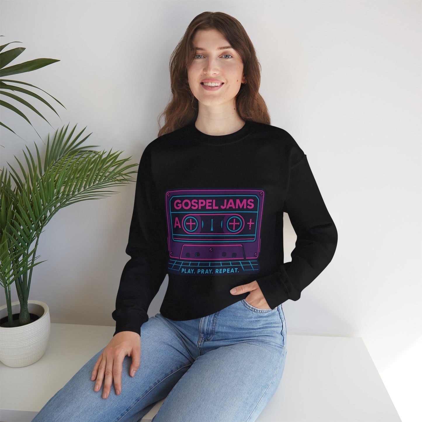 Retro Gospel Jams Crewneck Sweatshirt, Cozy Music Sweatshirt, Gift for Music Lovers, Play Pray Repeat Apparel, Unisex Casual Wear