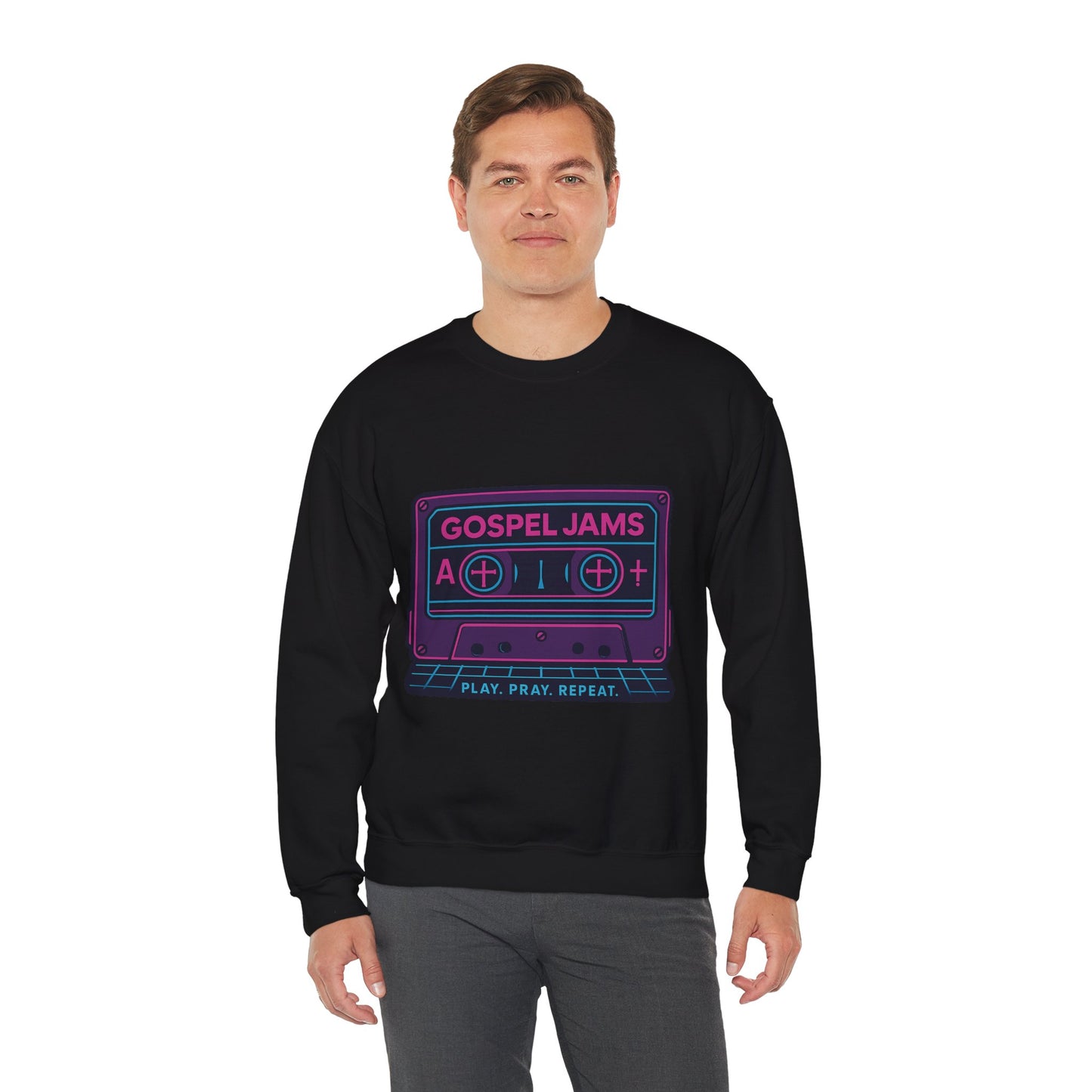 Retro Gospel Jams Crewneck Sweatshirt, Cozy Music Sweatshirt, Gift for Music Lovers, Play Pray Repeat Apparel, Unisex Casual Wear