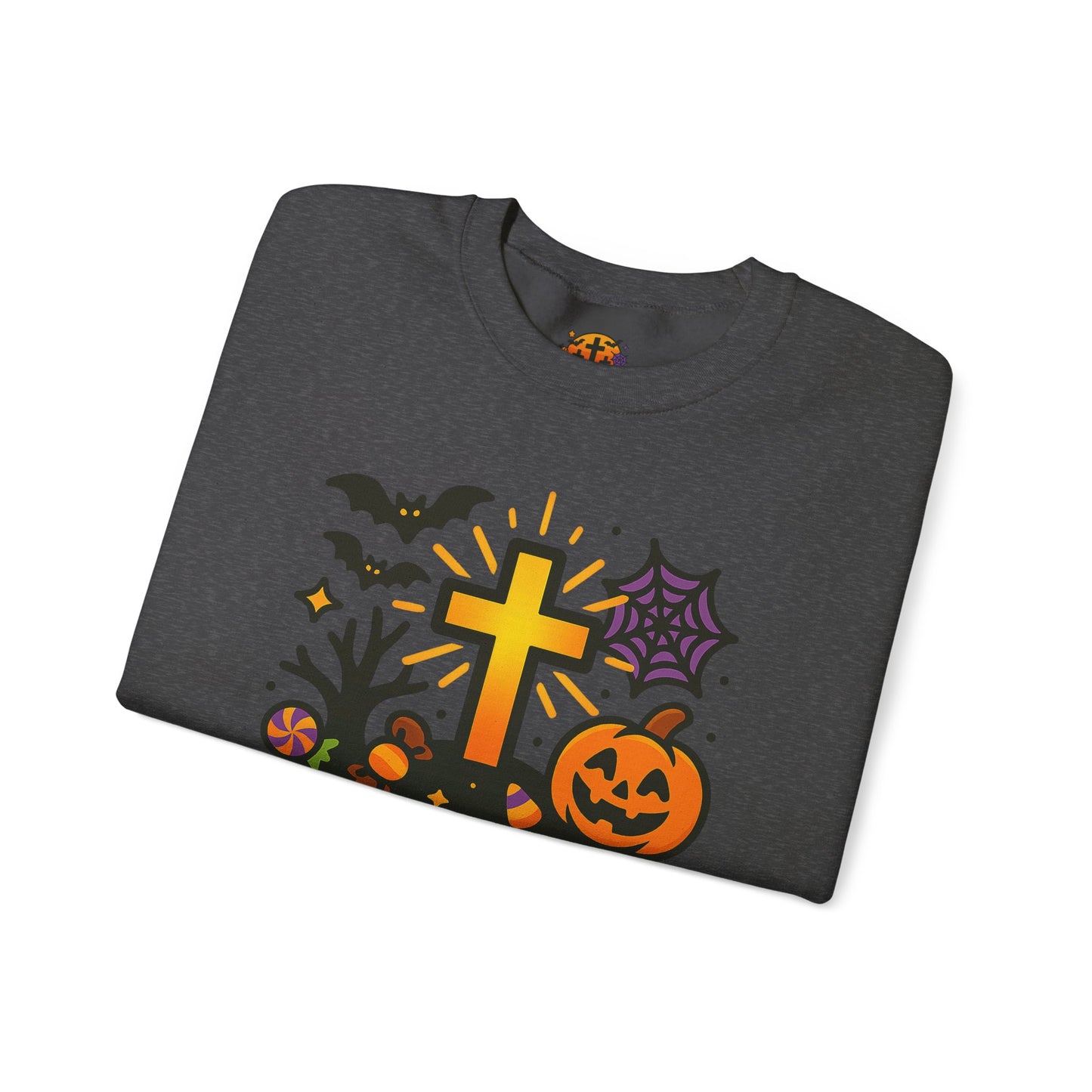 Halloween Unisex Crewneck Sweatshirt, Cozy Fall Apparel, Pumpkin & Cross Design, Perfect for Autumn, Gifts for Him & Her