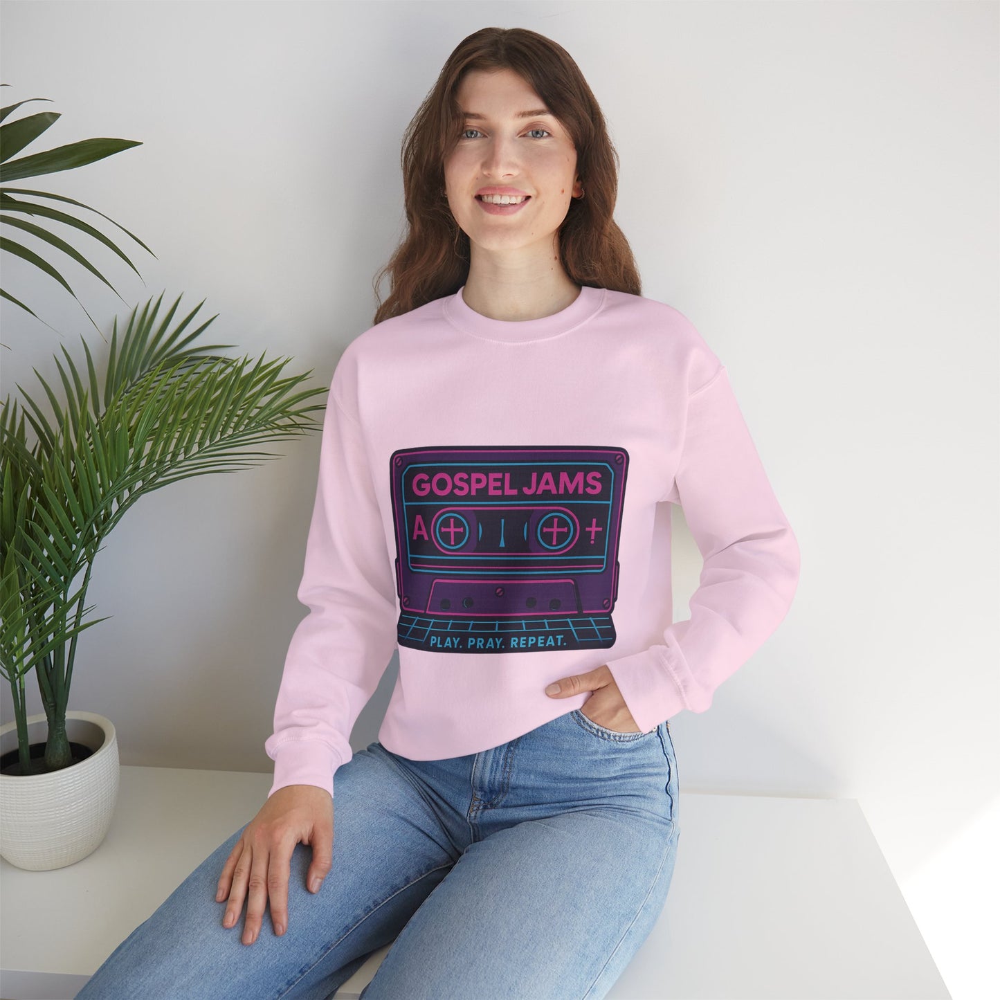 Retro Gospel Jams Crewneck Sweatshirt, Cozy Music Sweatshirt, Gift for Music Lovers, Play Pray Repeat Apparel, Unisex Casual Wear
