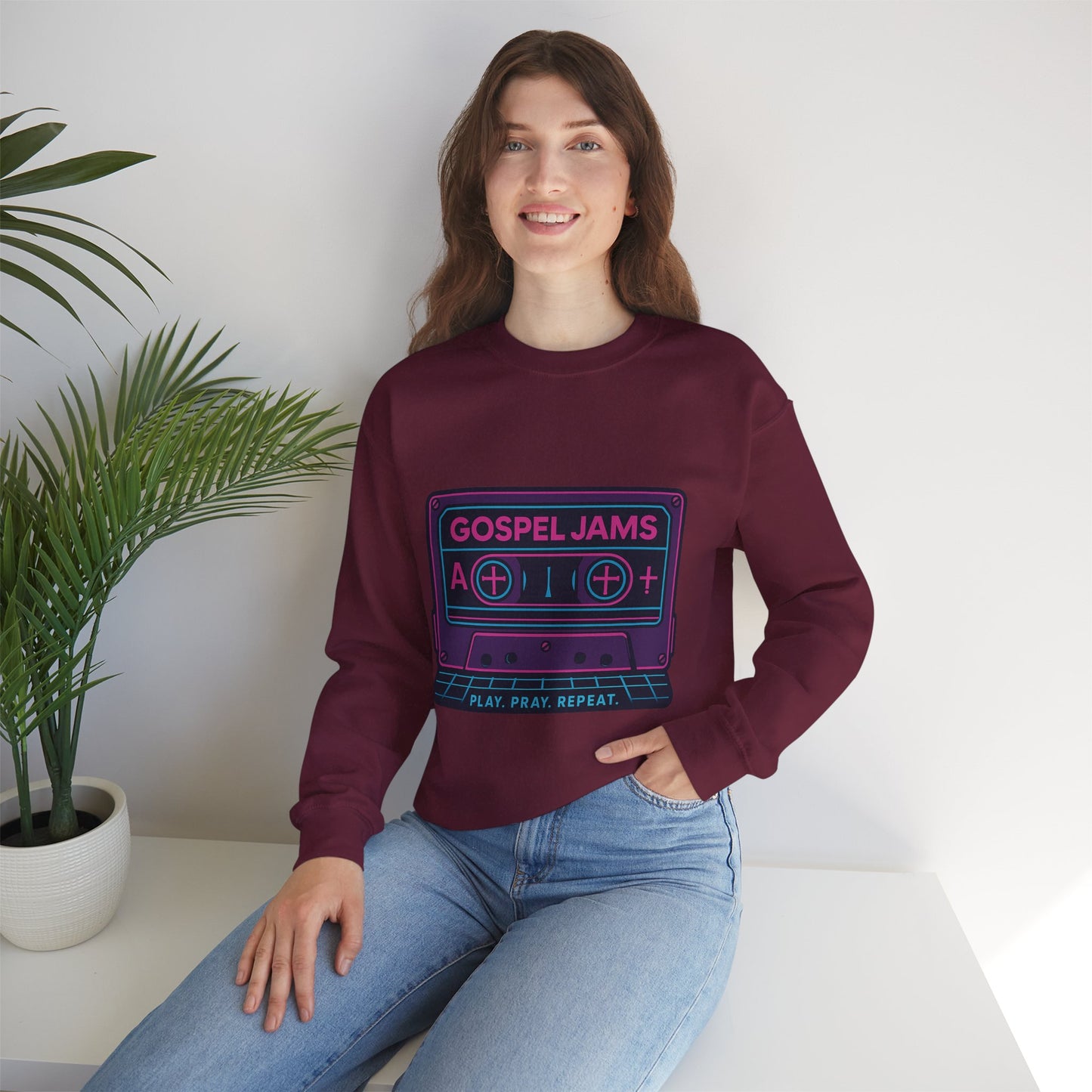 Retro Gospel Jams Crewneck Sweatshirt, Cozy Music Sweatshirt, Gift for Music Lovers, Play Pray Repeat Apparel, Unisex Casual Wear