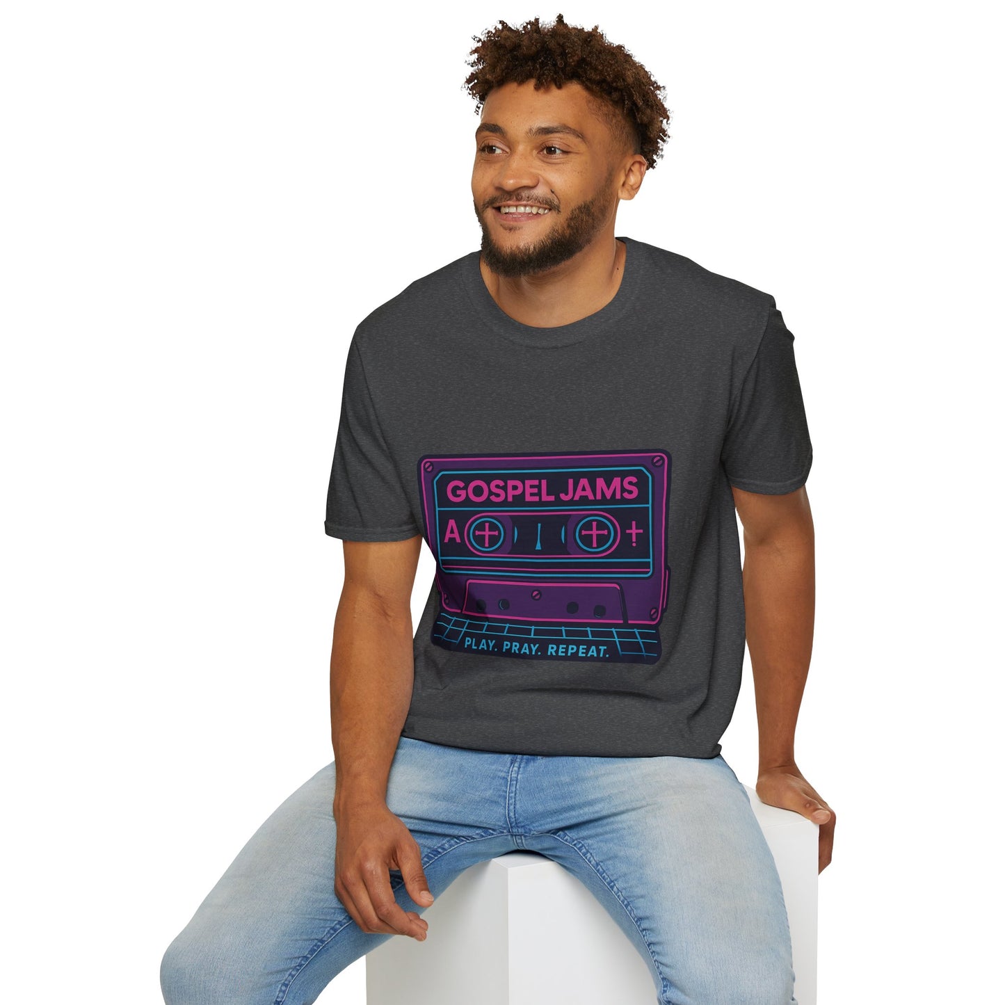 Retro Gospel Jams T-Shirt, 80s Style Tee, Music Lover Gift, Play Pray Repeat Shirt, Unisex Casual Wear