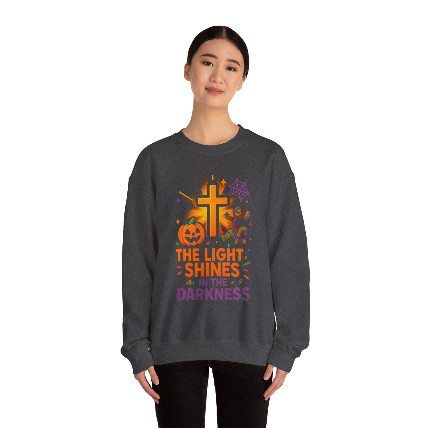 Faith-Inspired Halloween Sweatshirt, Unisex Crewneck, Cozy Fall Fashion, Christian Gift, Halloween Celebration, Light in Darkness