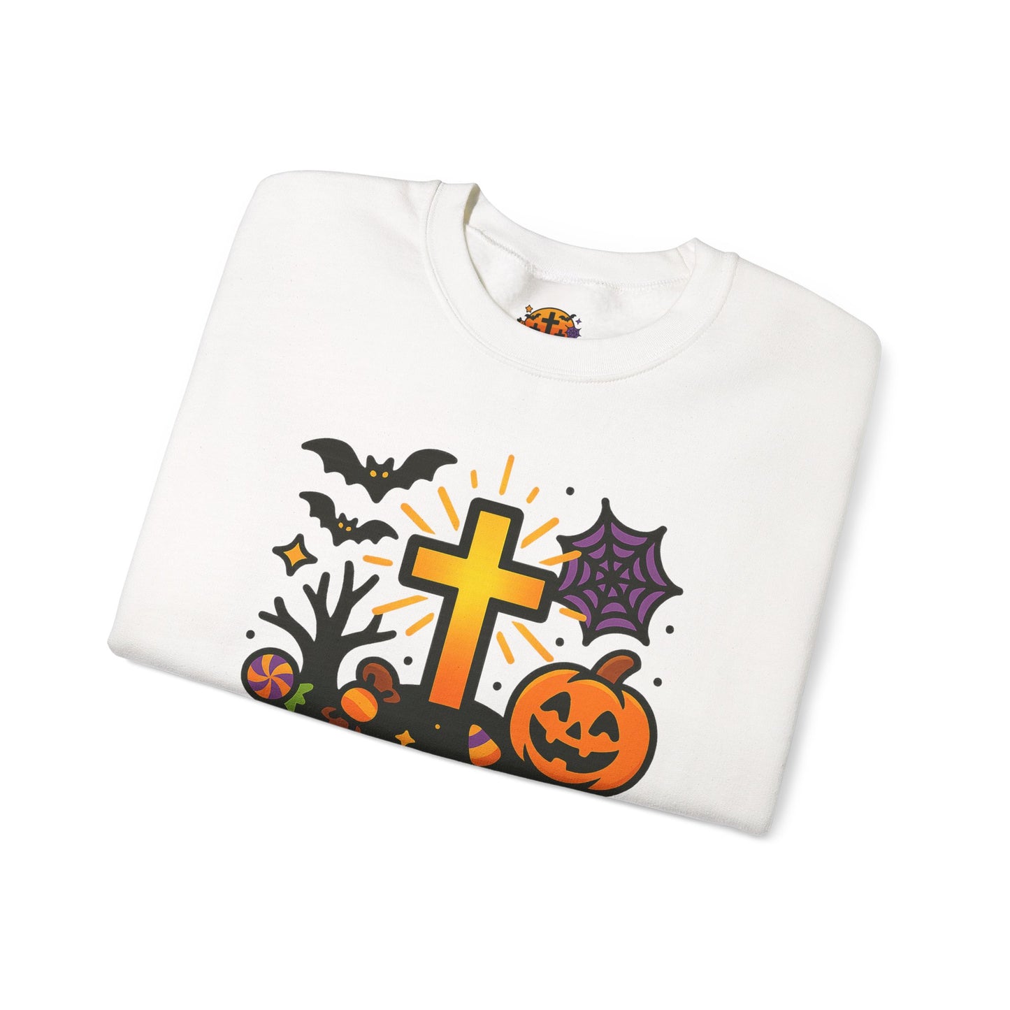 Halloween Unisex Crewneck Sweatshirt, Cozy Fall Apparel, Pumpkin & Cross Design, Perfect for Autumn, Gifts for Him & Her