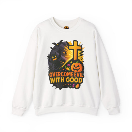 Halloween-Themed Crewneck Sweatshirt, Unisex Spooky Sweatshirt, Fall Fashion, Trick or Treat Gift, Overcome Evil Design, Cozy Halloween Wear