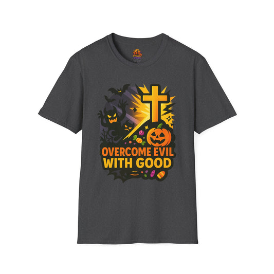 Halloween Theme Unisex Softstyle T-Shirt, Overcome Evil with Good Tee, Halloween Costume Top, Spooky Fall Apparel, Gift for All