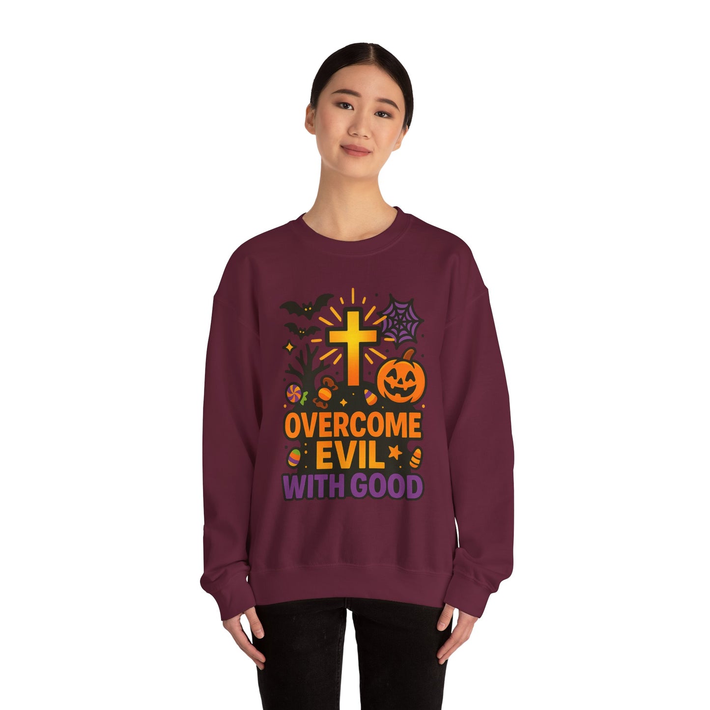 Halloween Unisex Crewneck Sweatshirt, Cozy Fall Apparel, Pumpkin & Cross Design, Perfect for Autumn, Gifts for Him & Her