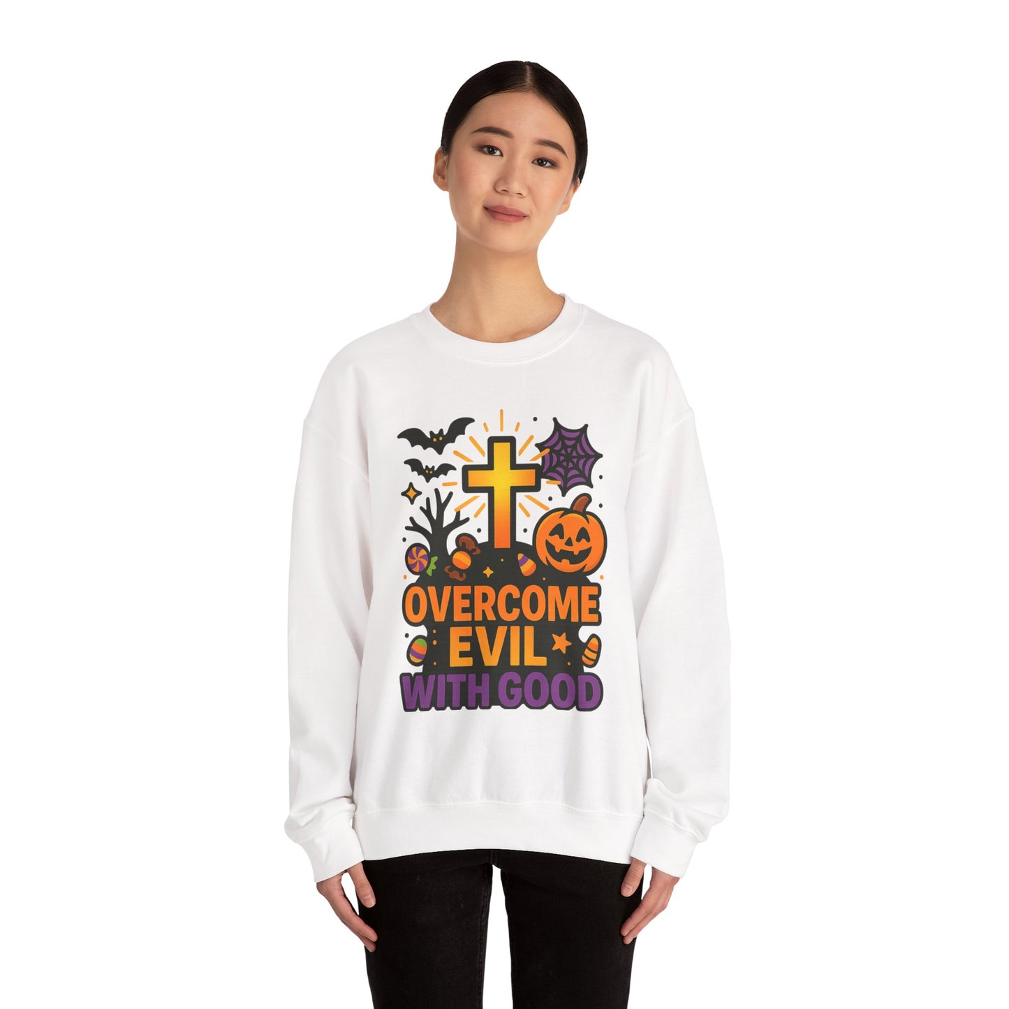 Halloween Unisex Crewneck Sweatshirt, Cozy Fall Apparel, Pumpkin & Cross Design, Perfect for Autumn, Gifts for Him & Her