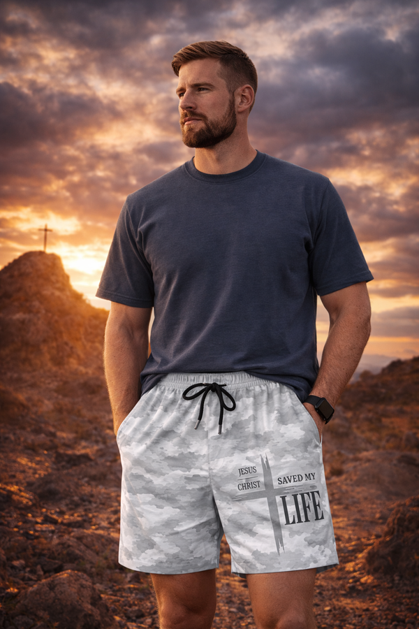 Grey Camo Jesus Christ Saved My Life Swim Trunks