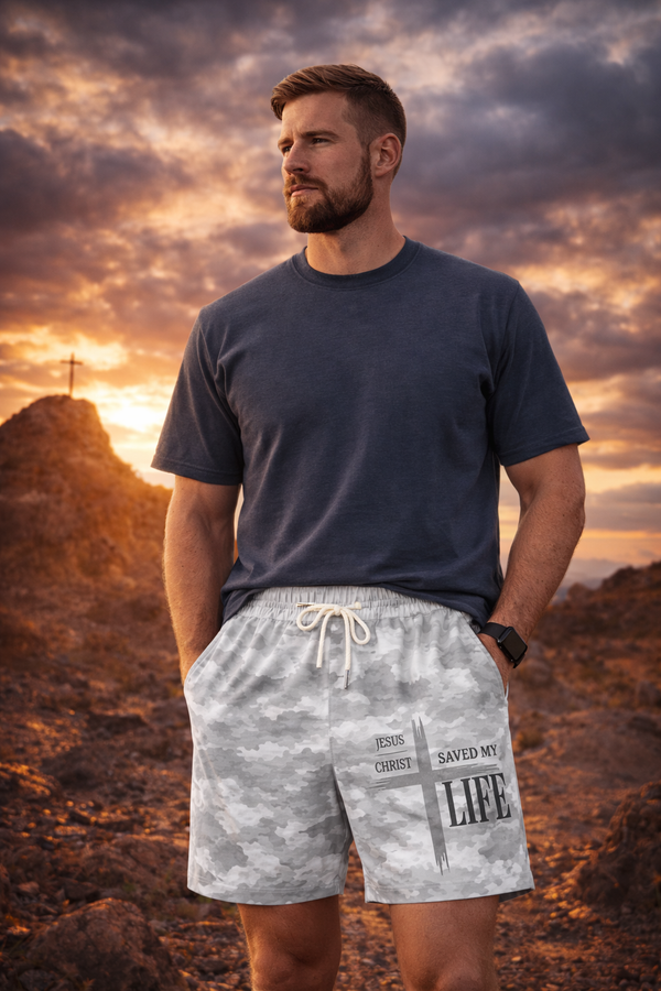 Grey Camo Jesus Christ Saved My Life Swim Trunks