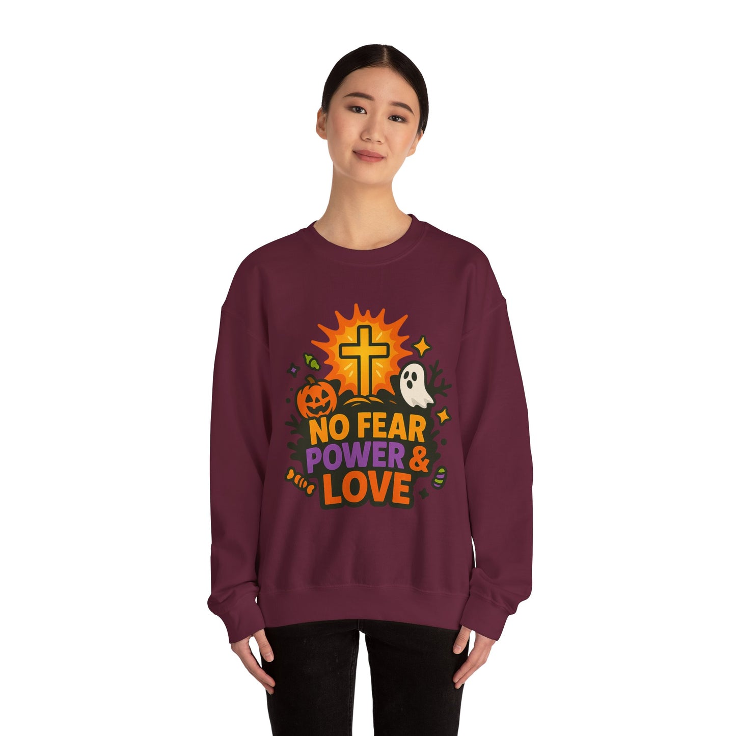 Halloween Inspirational Crewneck Sweatshirt, Unisex Sweatshirt, Fall Fashion, Cozy Gift, Spooky Season Apparel, Faith and Love Sweatshirt