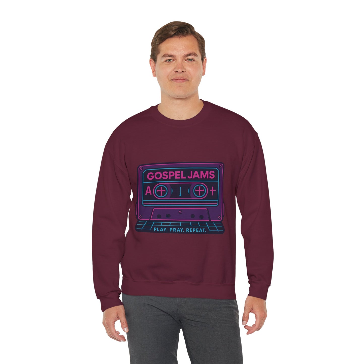 Retro Gospel Jams Crewneck Sweatshirt, Cozy Music Sweatshirt, Gift for Music Lovers, Play Pray Repeat Apparel, Unisex Casual Wear
