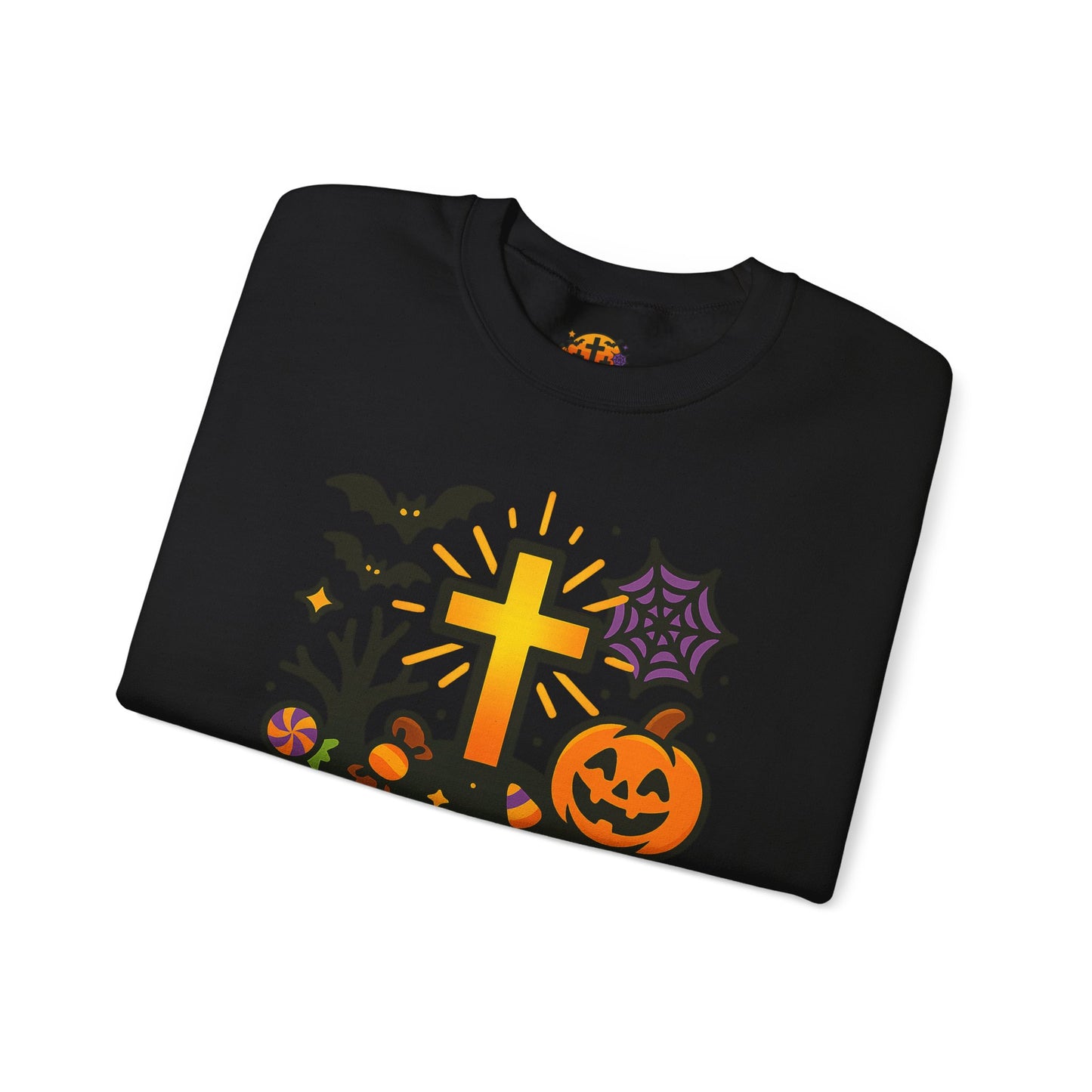 Halloween Unisex Crewneck Sweatshirt, Cozy Fall Apparel, Pumpkin & Cross Design, Perfect for Autumn, Gifts for Him & Her