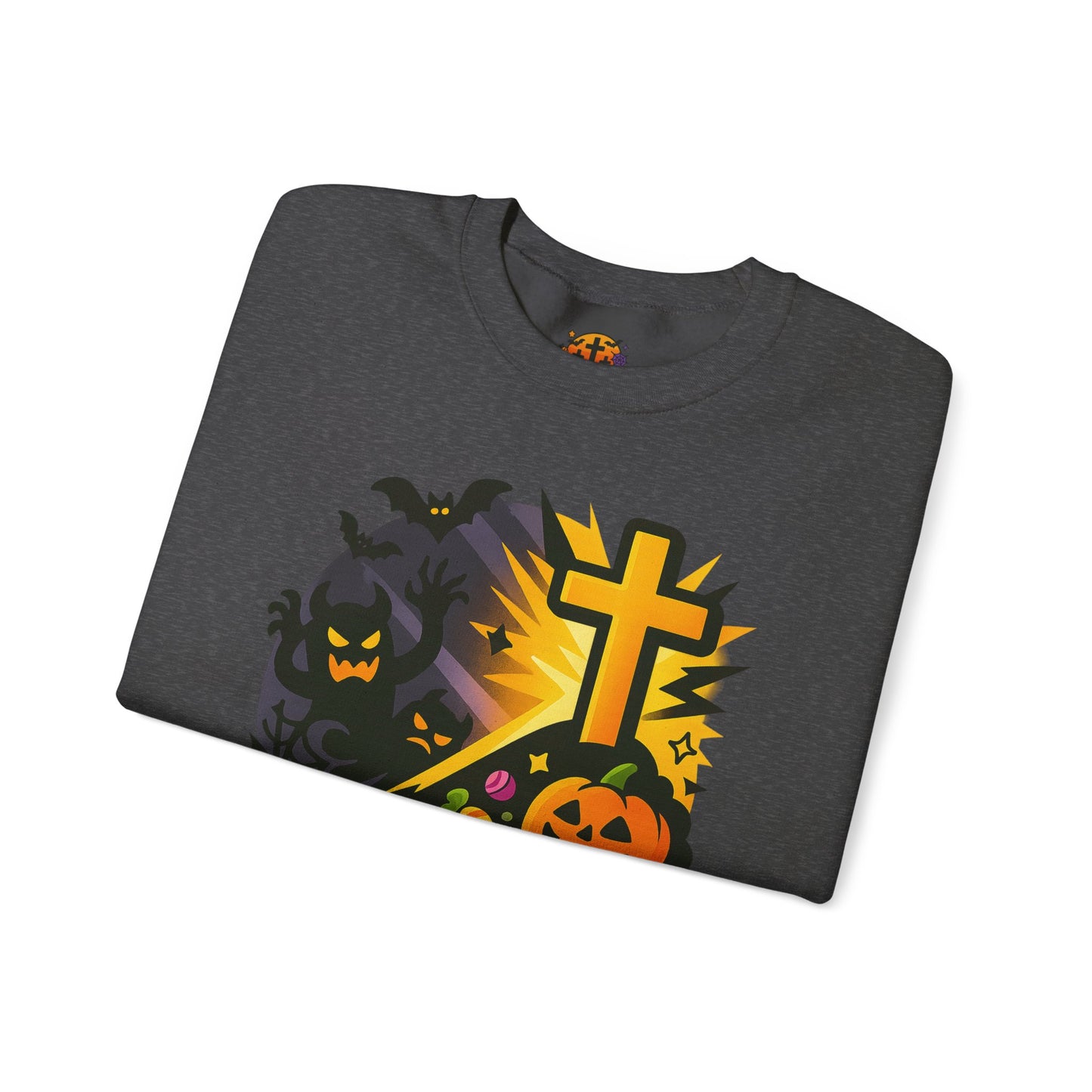 Halloween-Themed Crewneck Sweatshirt, Unisex Spooky Sweatshirt, Fall Fashion, Trick or Treat Gift, Overcome Evil Design, Cozy Halloween Wear