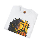 Halloween Theme Unisex Softstyle T-Shirt, Overcome Evil with Good Tee, Halloween Costume Top, Spooky Fall Apparel, Gift for All