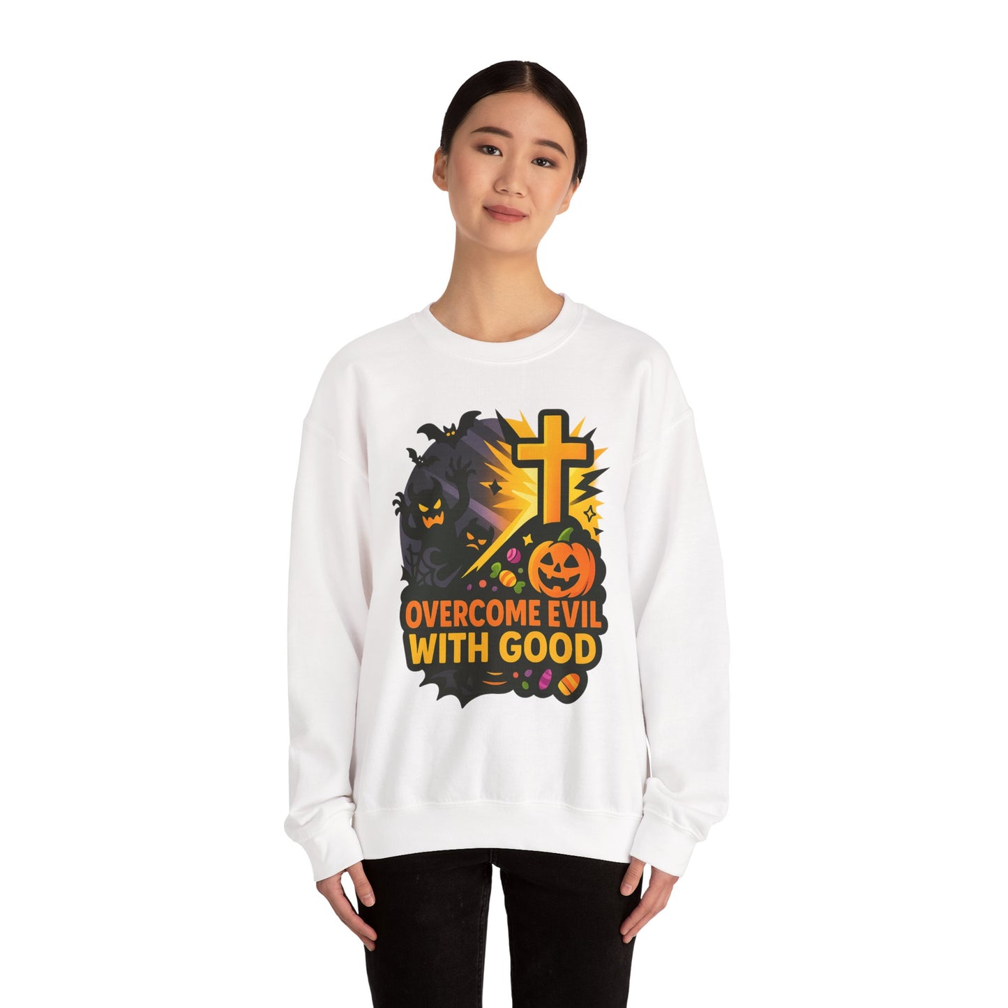 Halloween-Themed Crewneck Sweatshirt, Unisex Spooky Sweatshirt, Fall Fashion, Trick or Treat Gift, Overcome Evil Design, Cozy Halloween Wear