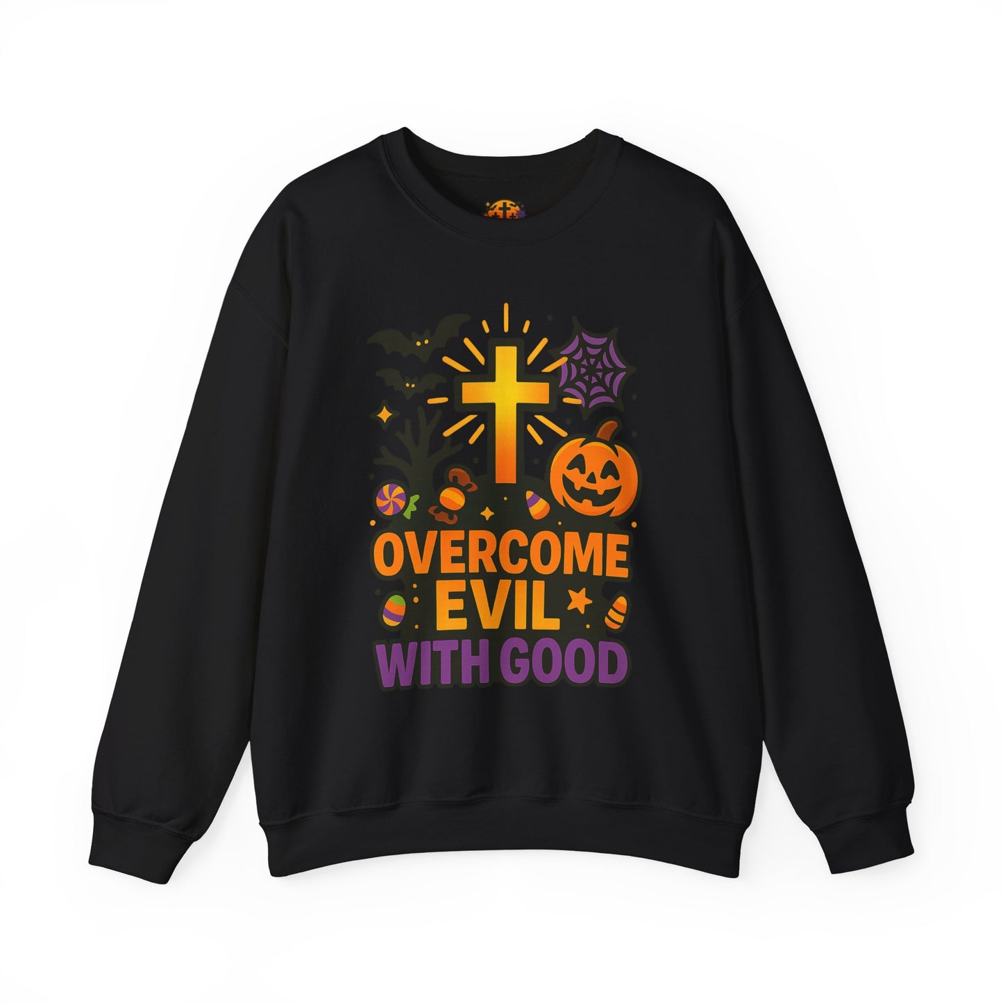 Halloween Unisex Crewneck Sweatshirt, Cozy Fall Apparel, Pumpkin & Cross Design, Perfect for Autumn, Gifts for Him & Her