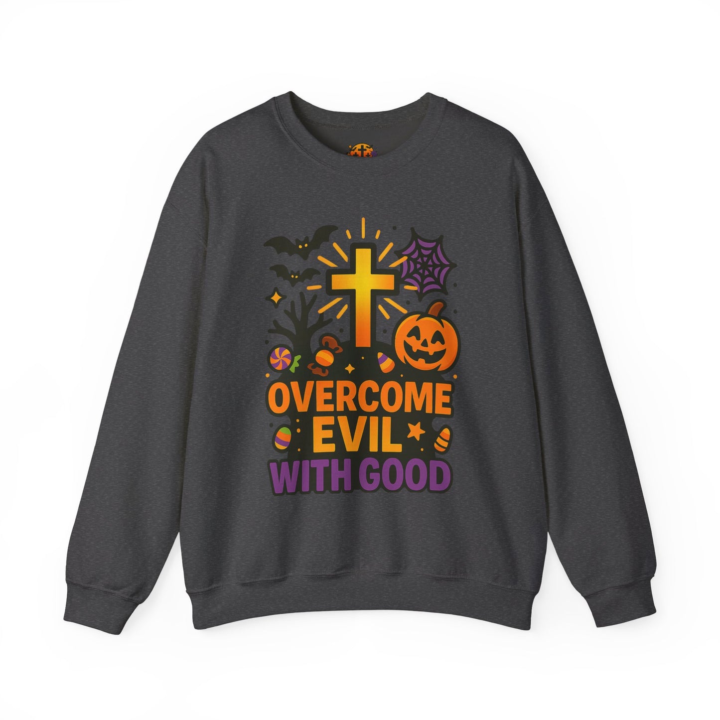 Halloween Unisex Crewneck Sweatshirt, Cozy Fall Apparel, Pumpkin & Cross Design, Perfect for Autumn, Gifts for Him & Her