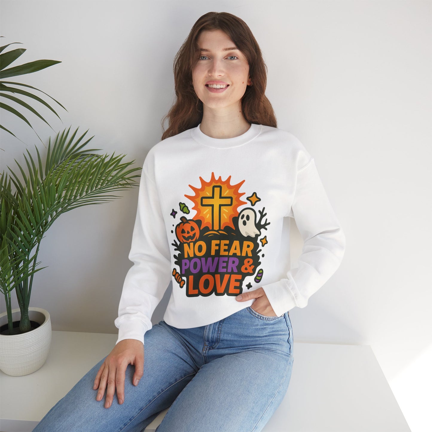 Halloween Inspirational Crewneck Sweatshirt, Unisex Sweatshirt, Fall Fashion, Cozy Gift, Spooky Season Apparel, Faith and Love Sweatshirt