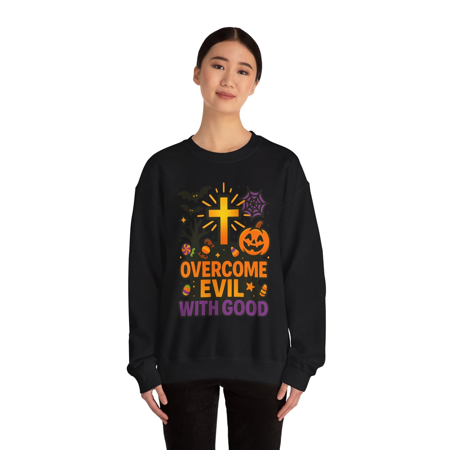 Halloween Unisex Crewneck Sweatshirt, Cozy Fall Apparel, Pumpkin & Cross Design, Perfect for Autumn, Gifts for Him & Her