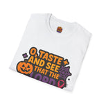 Halloween Faith T-Shirt, Unisex Bible Quote Tee, Religious Apparel, Spiritual Gift, Pumpkin Theme, Psalm 34:8