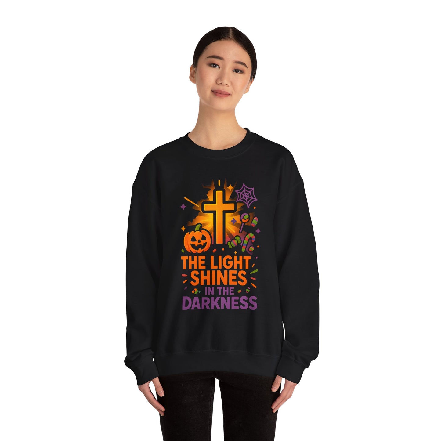Faith-Inspired Halloween Sweatshirt, Unisex Crewneck, Cozy Fall Fashion, Christian Gift, Halloween Celebration, Light in Darkness