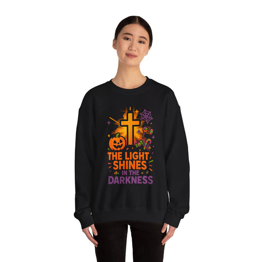 Faith-Inspired Halloween Sweatshirt, Unisex Crewneck, Cozy Fall Fashion, Christian Gift, Halloween Celebration, Light in Darkness