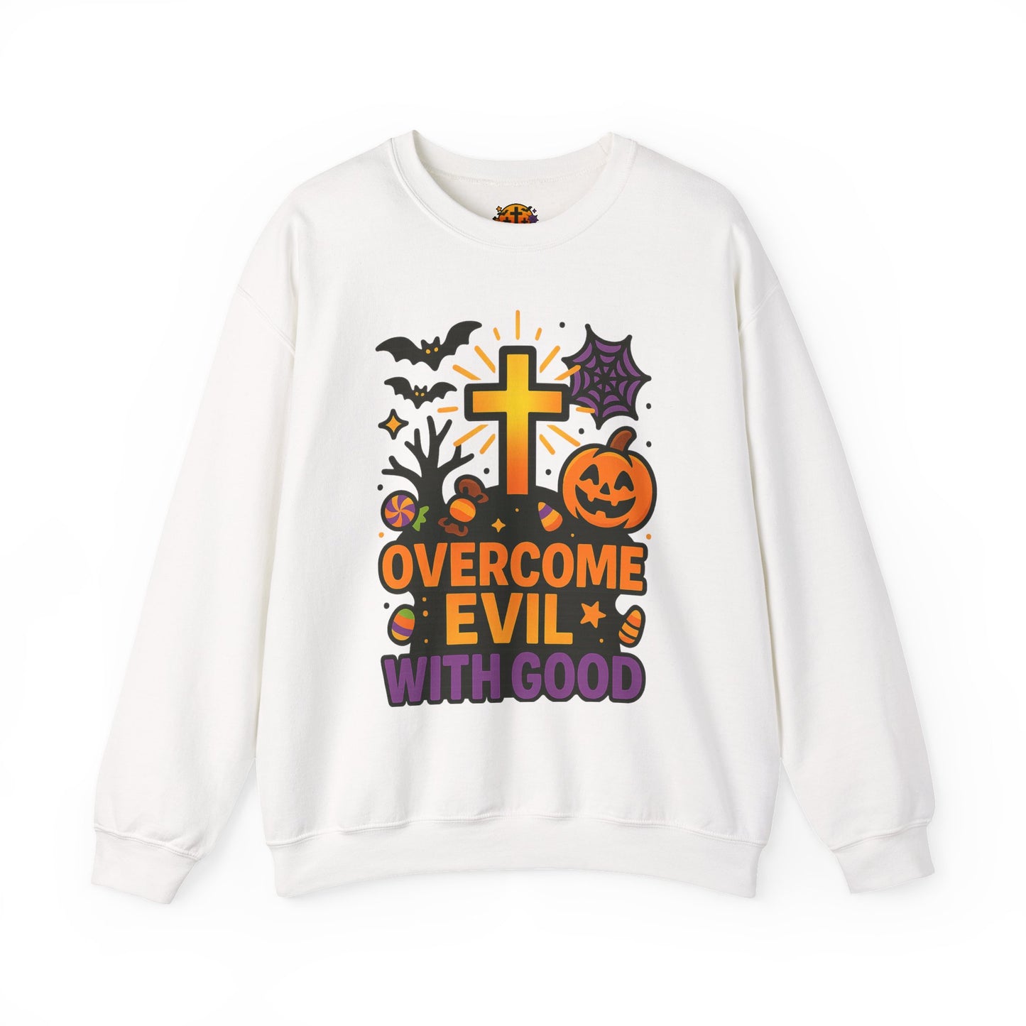 Halloween Unisex Crewneck Sweatshirt, Cozy Fall Apparel, Pumpkin & Cross Design, Perfect for Autumn, Gifts for Him & Her