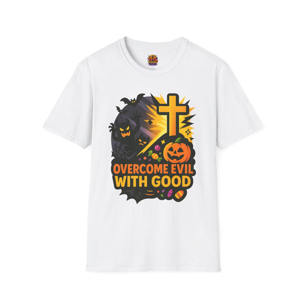 Halloween Theme Unisex Softstyle T-Shirt, Overcome Evil with Good Tee, Halloween Costume Top, Spooky Fall Apparel, Gift for All