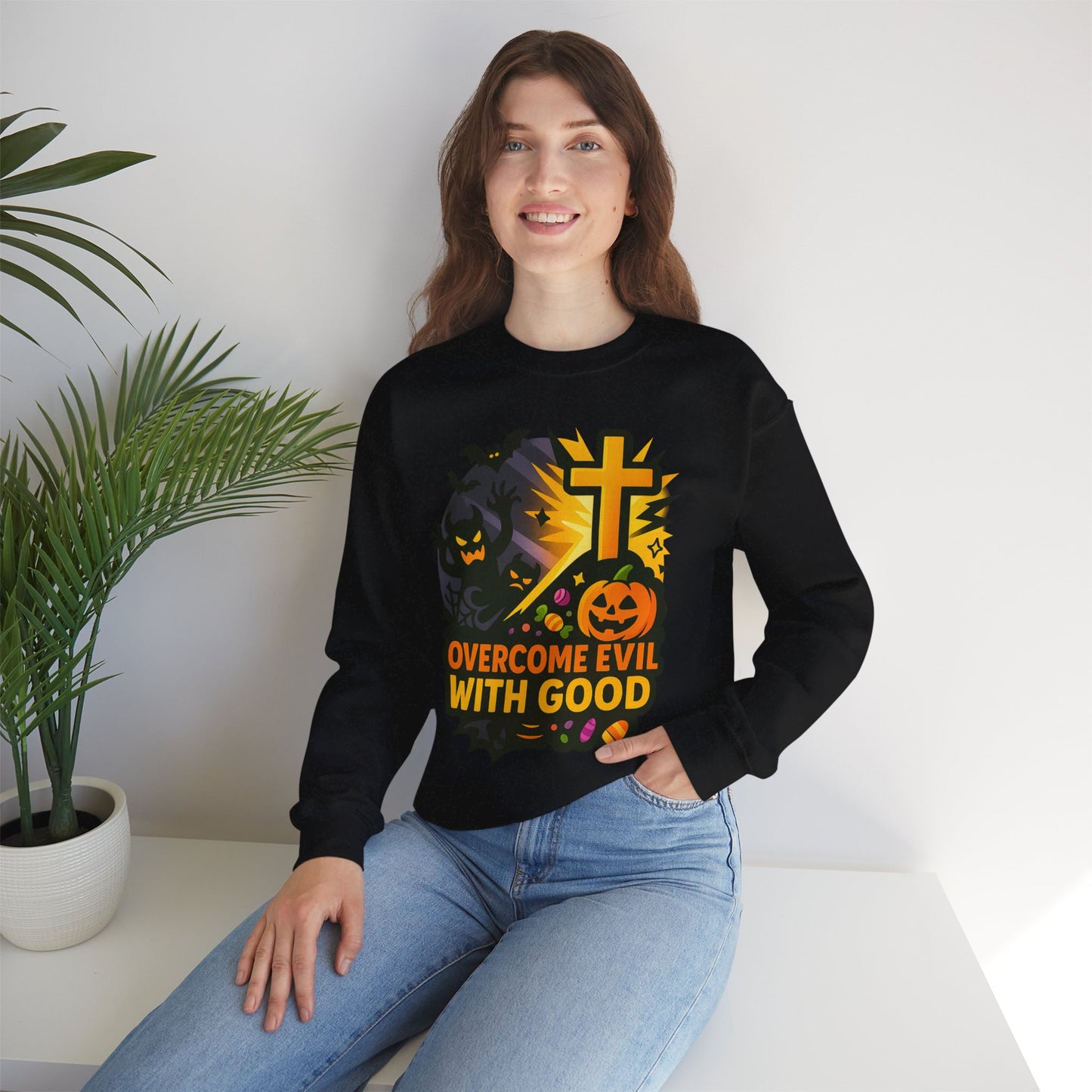 Halloween-Themed Crewneck Sweatshirt, Unisex Spooky Sweatshirt, Fall Fashion, Trick or Treat Gift, Overcome Evil Design, Cozy Halloween Wear
