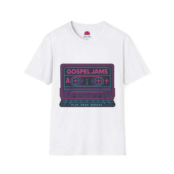 Retro Gospel Jams T-Shirt, 80s Style Tee, Music Lover Gift, Play Pray Repeat Shirt, Unisex Casual Wear
