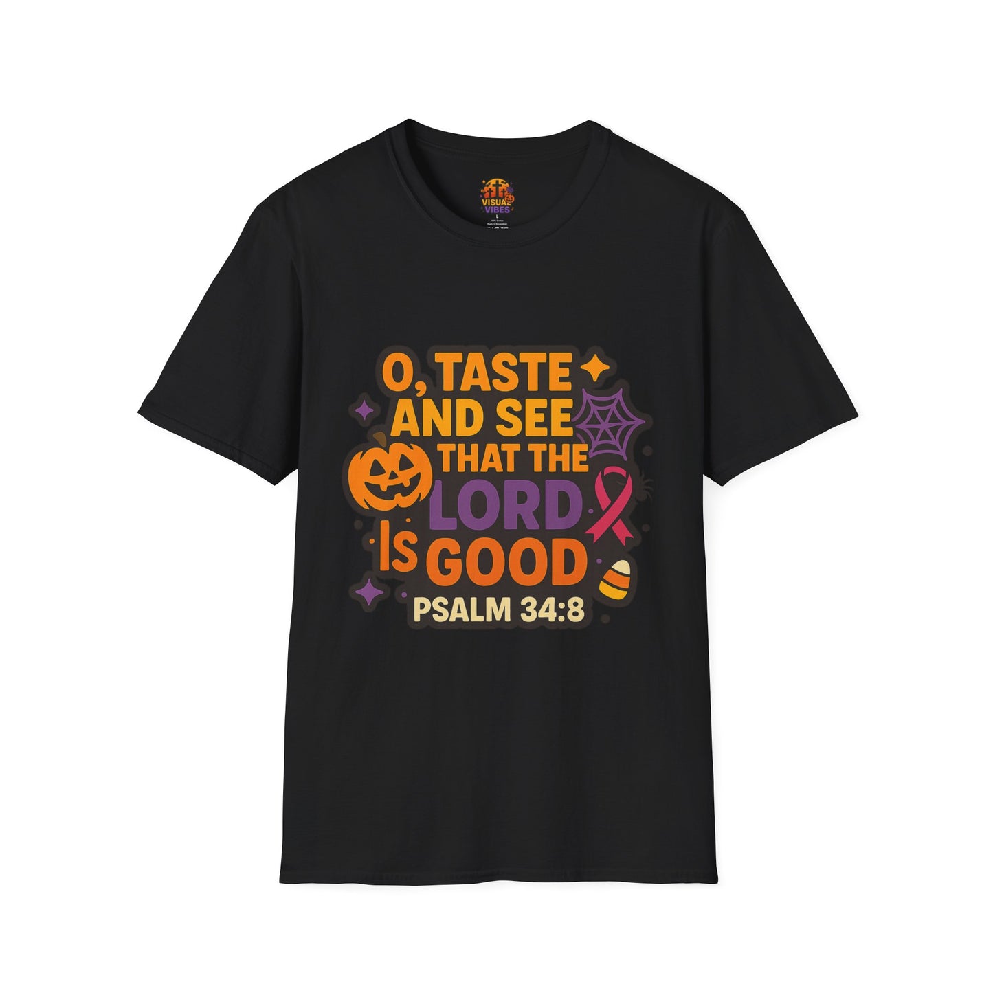 Halloween Faith T-Shirt, Unisex Bible Quote Tee, Religious Apparel, Spiritual Gift, Pumpkin Theme, Psalm 34:8