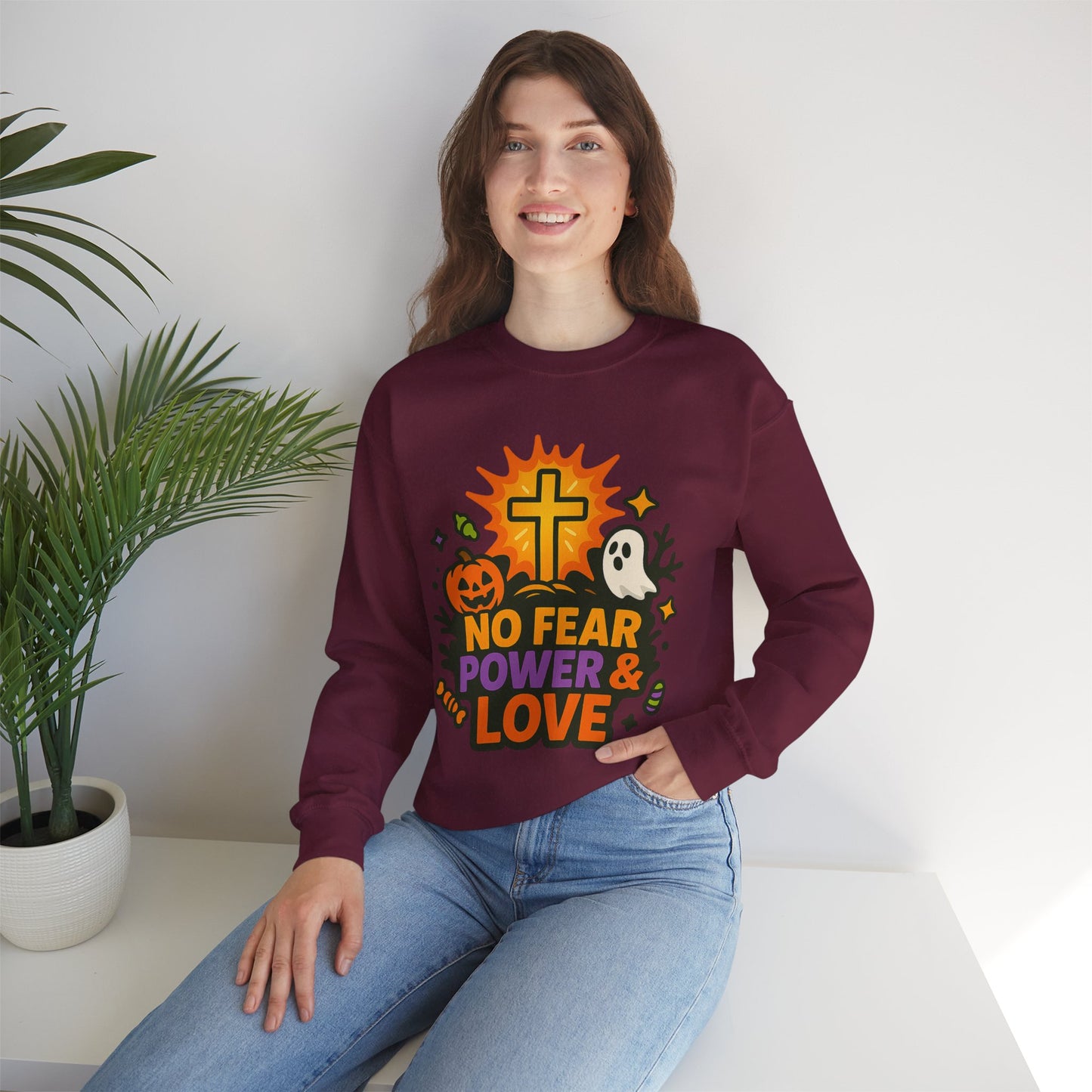Halloween Inspirational Crewneck Sweatshirt, Unisex Sweatshirt, Fall Fashion, Cozy Gift, Spooky Season Apparel, Faith and Love Sweatshirt