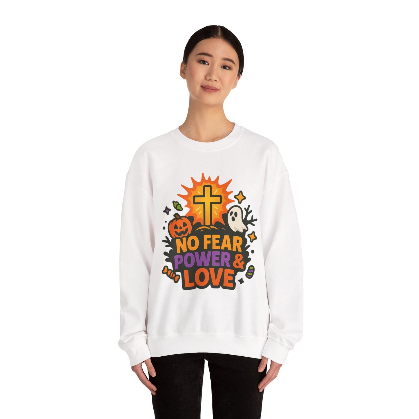 Halloween Inspirational Crewneck Sweatshirt, Unisex Sweatshirt, Fall Fashion, Cozy Gift, Spooky Season Apparel, Faith and Love Sweatshirt