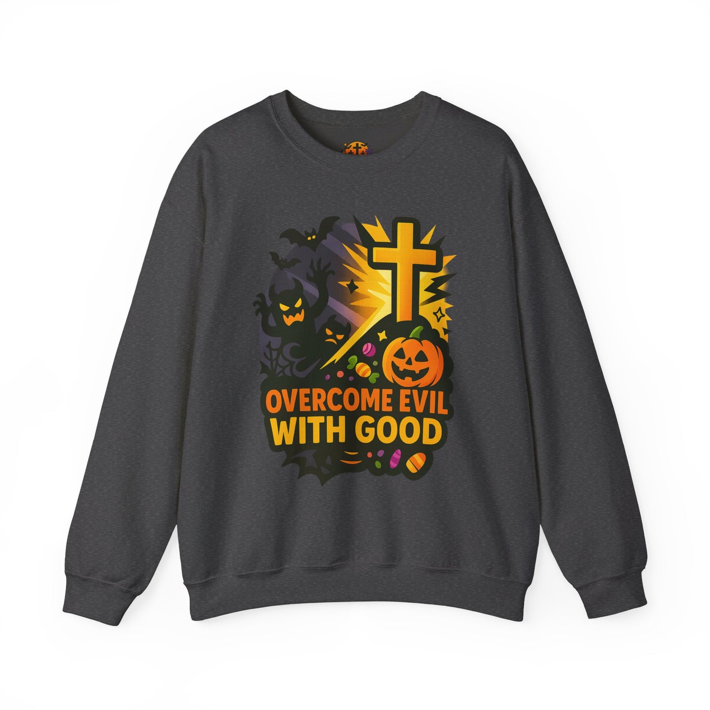 Halloween-Themed Crewneck Sweatshirt, Unisex Spooky Sweatshirt, Fall Fashion, Trick or Treat Gift, Overcome Evil Design, Cozy Halloween Wear