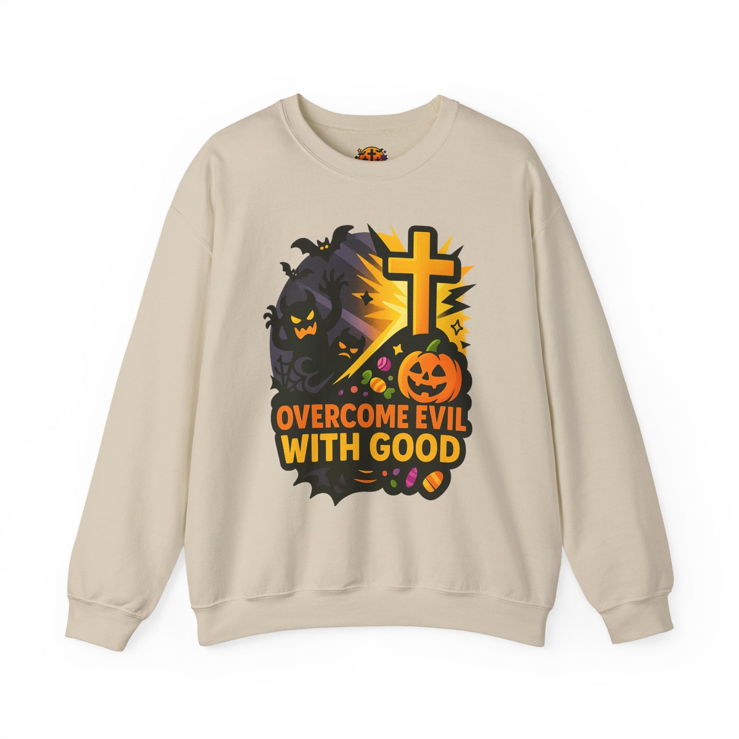 Halloween-Themed Crewneck Sweatshirt, Unisex Spooky Sweatshirt, Fall Fashion, Trick or Treat Gift, Overcome Evil Design, Cozy Halloween Wear